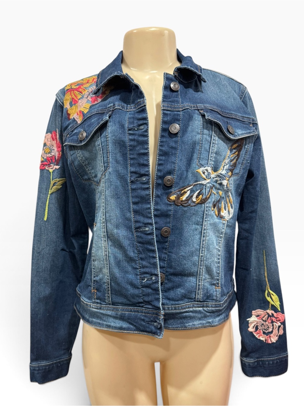 Kensie Blue Denim Jacket with Colorful Embroidered Flowers & Bird